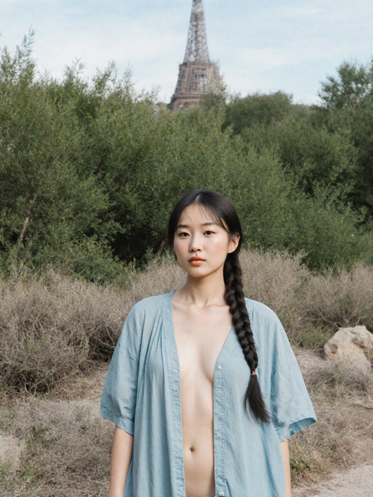 Asian beauty in blue cardigan, Paris outdoor shoot, Eiffel Tower background, natural light