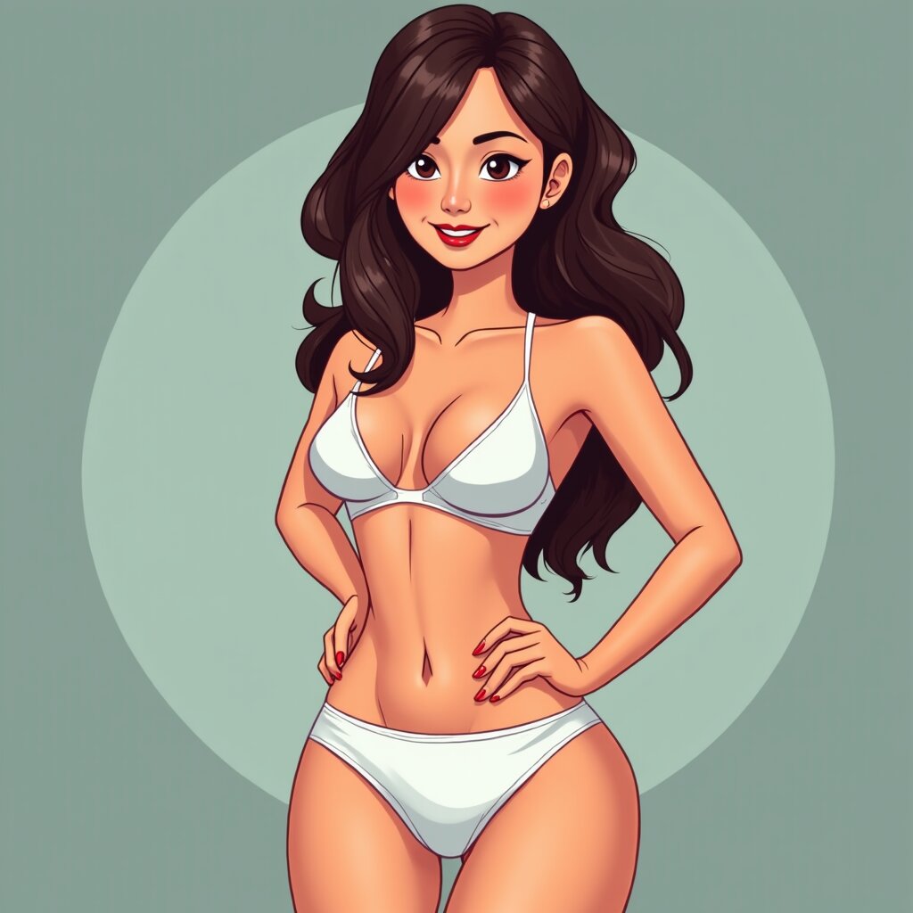 Cute cartoon girl illustration, white bikini, pastel mint background, digital art style