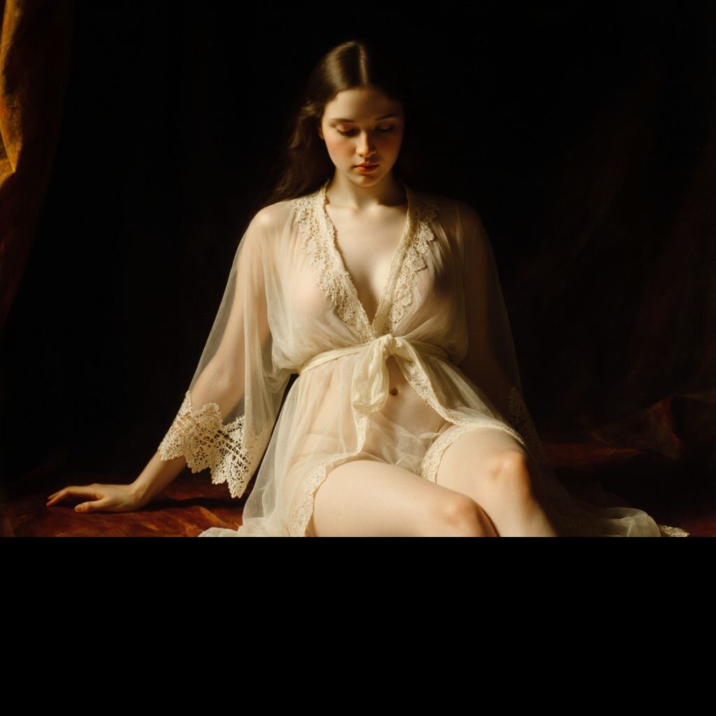Classical portrait, sheer lace robe, Rembrandt lighting, oil painting aesthetic, masterpiece